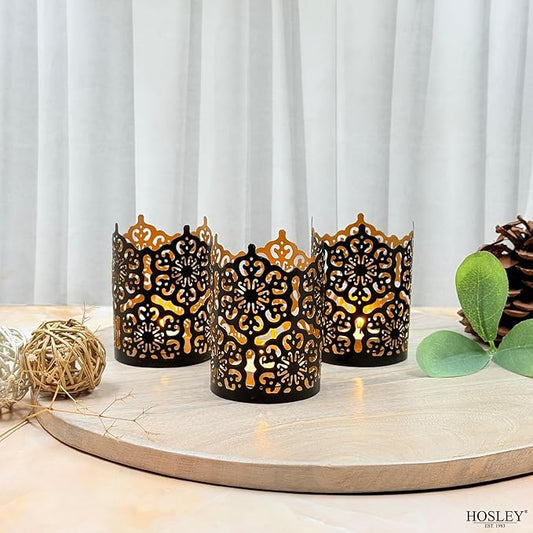 Hosley Set of 3 Black Finish Metal Candle Holders 4 Inch High Lattice Cut Lanterns for Coordinated Elegance and Enchanting Illumination Elevate Your Decor