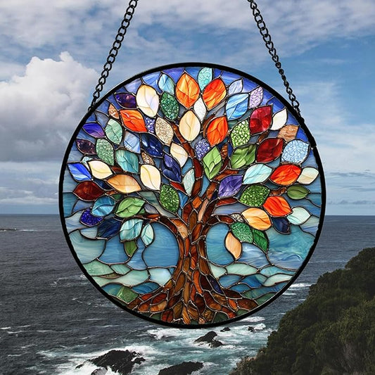 DASTOLL Stained Glass Window Hanging, Colorful Tree of Life Sun Catchers Glass Panel Blue Suncatcher Decor for Birthday for Women, Men, Wife, Aunt, and Mom 14.9x14.9 in