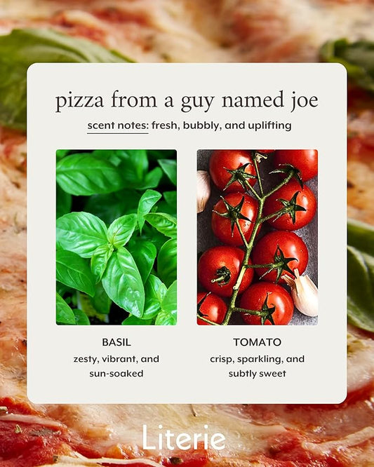 Literie NYC Inspired Scented Candle: Pizza from a Guy Named Joe - Tomato & Basil Scent, 9oz, 50 Hour Burn, Vegan Soy & Coconut Blend Candle for Home Decor, Gift for Women & Men