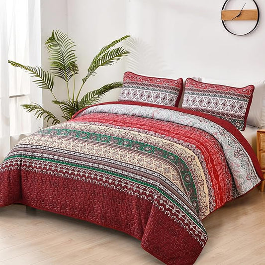 WONGS BEDDING Boho Quilt Set Full, Red Bohemian Quilt Bedding Set, Ultra Soft Lightweight Bedspread for All Season Reversible Microfiber Coverlet Bedding Set 90"x78"(3 Pieces)