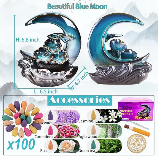 New Moon Backflow Incense Holder, Ceramic Hand-Made Incense Fountain Burner with 100 Backflow Incense Cones,Fragrance Incense Stick,Mat,Aromatherapy Home Decoration