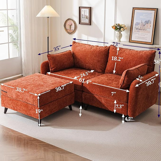 73'' Loveseat Sofa with Seats Storage, Modular Sectional Couch with 2 Movable Ottoman,Oversized Comfy Love Seat with Deep Seat,7.8'' Cushion,Couch for Living Room,Bedroom,Chenille,Orange