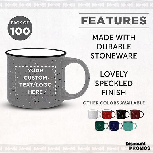 DISCOUNT PROMOS Custom Ceramic Campfire Coffee Mugs 13 oz. Set of 100, Personalized Bulk Pack - Perfect for Tea, Espresso, Cappuccino, Hot Cocoa - Grey