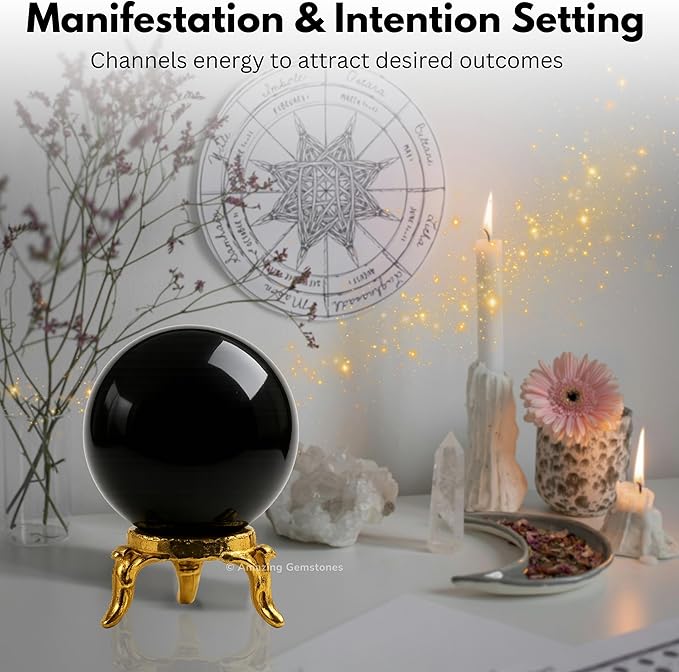 Amazing Gemstone Black Obsidian Crystal Ball with Stand - 1.5" Inches Crystal Sphere Meditation Balls for Witchcraft and Decorative Balls
