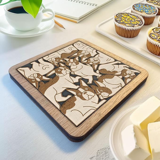 02 Boston Terrier Dog Coaster - Boston Terrier Dog Puzzle Wooden Coaster Set - Interlocking Jigsaw Drink Mats with Laser-Cut Design
