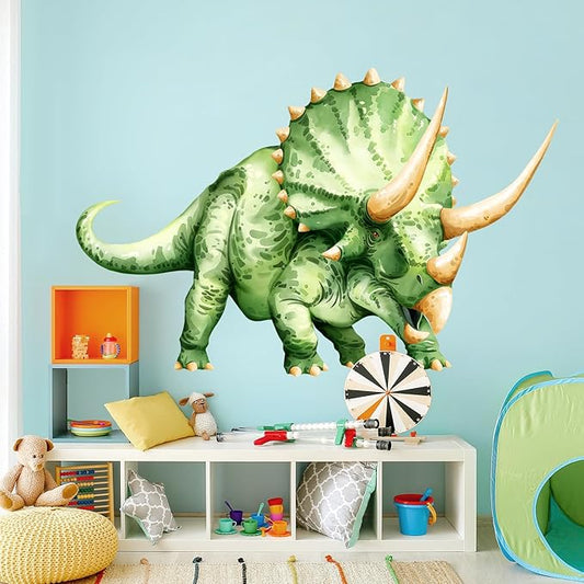 Large Dinosaur Wall Decals, Green Triceratops Dino Wall Stickers Vinyl Peel and Stick Wall Decal Self Adhesive Wall Art Sticker for Baby Nursery Kids Room Home Decor (53.7 * 34.4in)