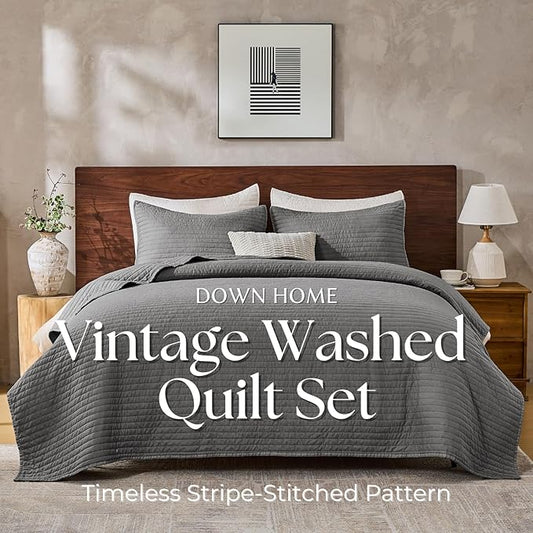 DOWN HOME Twin Quilt Bedding Set with Sham, Vintage Washed Soft Quilted Blanket Thin Comforter Lightweight Bedspread Coverlet Bed Cover, Brushed Microfiber Stripe Stitching, Ash Gray, 66"x92"