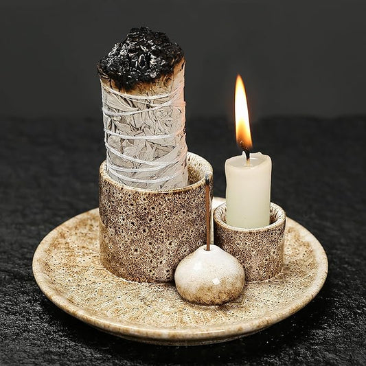 4 in 1 Multifunctional Ceramic Incense and Candle Holder with Ash Catcher Tray Suit for Burning White Sage, Palo Santo Sticks (Khaki)