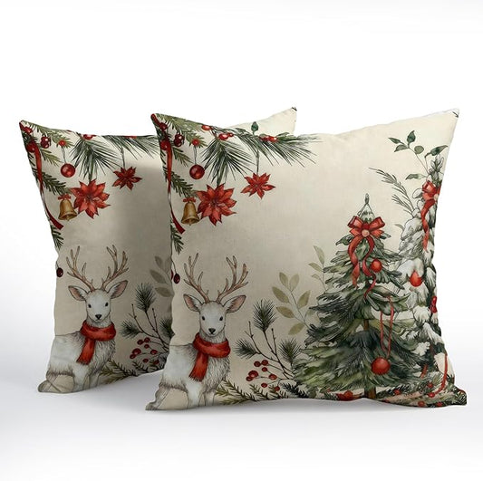 Christmas Pillow Covers 20x20 Set of 2 Green Tree Throw Pillow Covers Winter Pillowcase Linen Decoration Farmhouse Bell Deer Cozy Soft Cushion Case Couch for Indoor Outdoor Home Decor