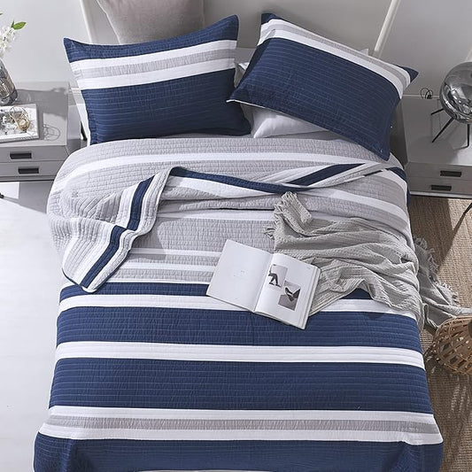 Quilts Queen Size - Queen Quilt Bedspread Sets, 100% Cotton Quilt Bedding Set for Queen Bed, 3 Pieces Striped Reversible Lightweight Quilted Quilt Set Bed Spread, Navy Blue