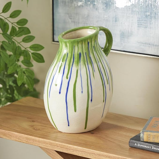 Deco 79 Ceramic Abstract Decorative Vase Centerpiece Vases with Green and Blue Drip Design and Handle, Flower Vases for Home Decoration 9" x 8" x 11", White