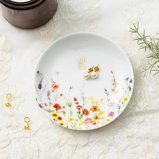Crisky Initial Jewelry Tray Ring Dish & Gift Box, Ceramic Flower Trinket Dish for Rings Earrings Necklaces Keys, Bridal Shower Engagement Birthday Gift for Women, Friends 4.57" (Gold Foil G