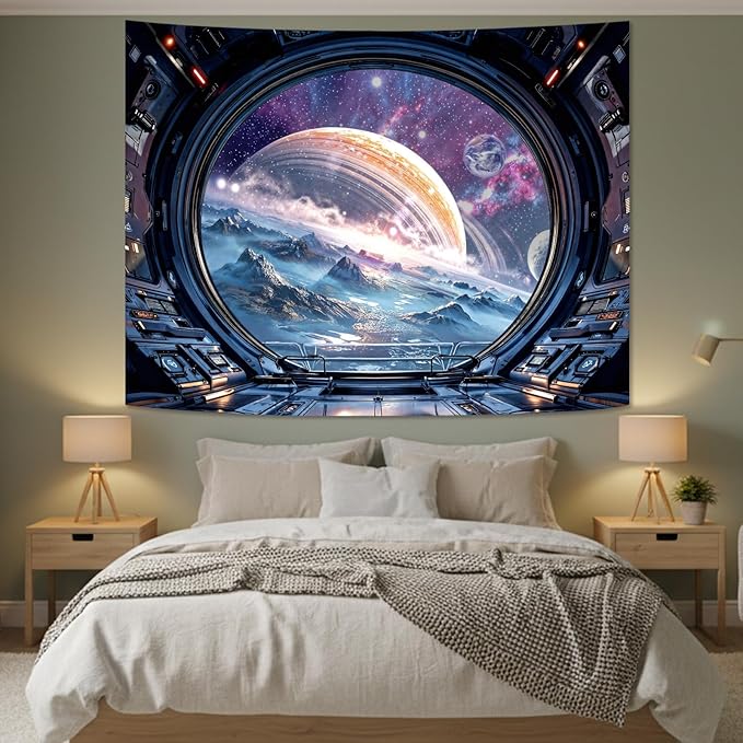 Lifeel Galaxy Tapestry, Planet Space Science Fiction Aesthetic Window Tapestries Decor for Game Room and Bedroom Living Room, 60x80 inches