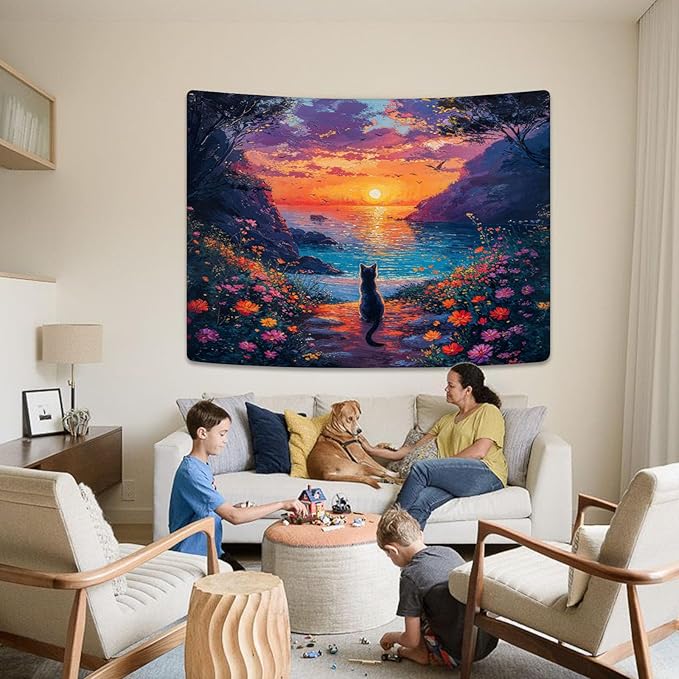 kampdream Landscape Tapestry, Scenery Art Wall Tapestries, Nature Wall Decor for Bedroom Living Room Backdrop Sunset Cat 60×80 inches