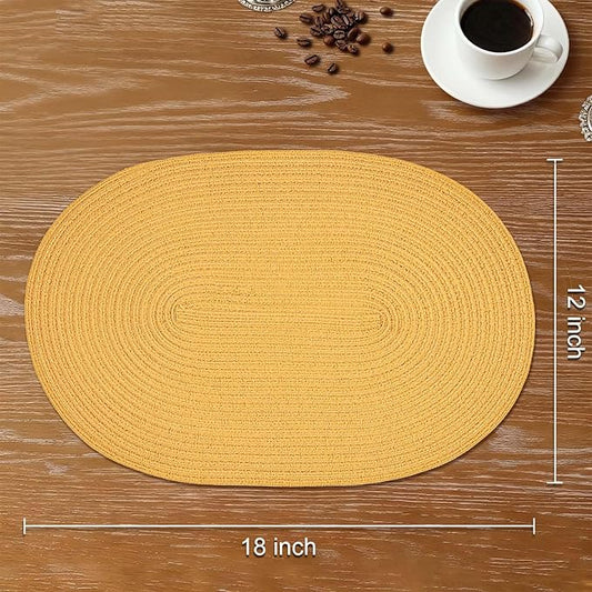 Noctiflorous Oval Braided Placemats Set of 6 Woven 12x18 Inch Non Slip Washable Heat Resistant Place Mats Round Tablemats for Dining Kitchen Party Daily Table Decor Dinner Mats (Solid Yellow, 6)