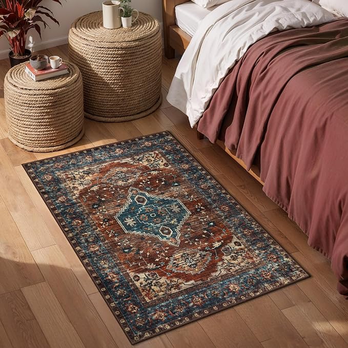 Tangsoo Vintage Rug 2x4 Washable for Entryway BlueNon Slip Small Area Rug, Dark Blue Orange Indoor Front Door Rust Blue