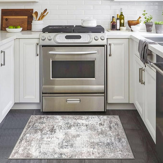 Small Abstract Area Rug 2x3 Entryway Rug Washable Door Mat Indoor Entrance, Washable Throw Rugs Non-Slip, Soft Beige Grey Kitchen Rugs Thin Print Faux Wool Floor Carpet for Foyer Front Door
