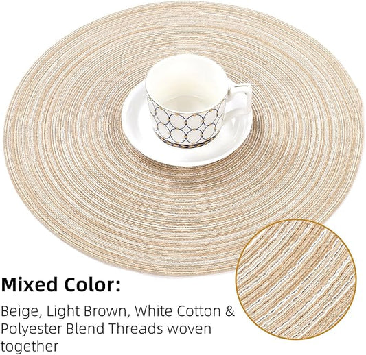 SHACOS Round Braided Placemats Set of 4 Round Table Mats for Dining Tables 15 inch Washable Kitchen Table Place Mats Indoor (Beige, 4)