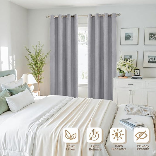 BGment Dark Grey 100% Blackout Curtains 72 Inch Long for Boys Nursery -Linen Textured Thermal Insulated Black-Out Curtains for Bedroom/Kids Playroom, Each Pack 2 Panels Window Drapes, 52 x 72 Inch