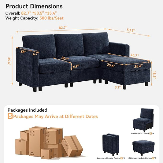 83'' Modular Sectional Sofa Convertible L Shaped Couch Set for Living Room, 4 Seat Storage Modular Sofa with Movable Ottoman, Chenille Navy