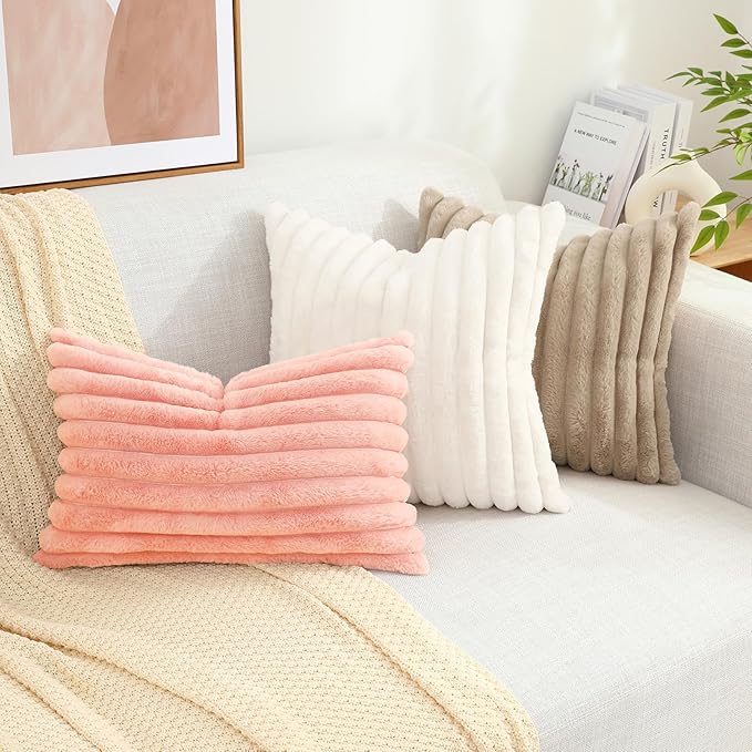 decorUhome Faux Fur Spring Throw Pillow Covers 12x20 Set of 2, Decorative Soft Plush Striped Lumbar Neutral Couch Pillow Covers with Velvet Back for Sofa, Bed, Living Room Home, Blush Pink
