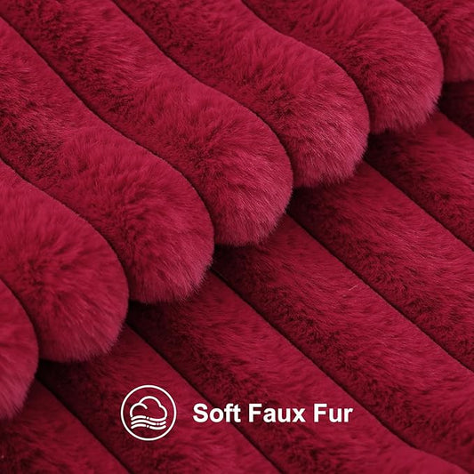 decorUhome Faux Fur Spring Throw Pillow Covers 20x20 Set of 2, Decorative Soft Plush Striped Neutral Couch Pillow Covers with Velvet Back for Sofa, Bed, Living Room Home, Burgundy