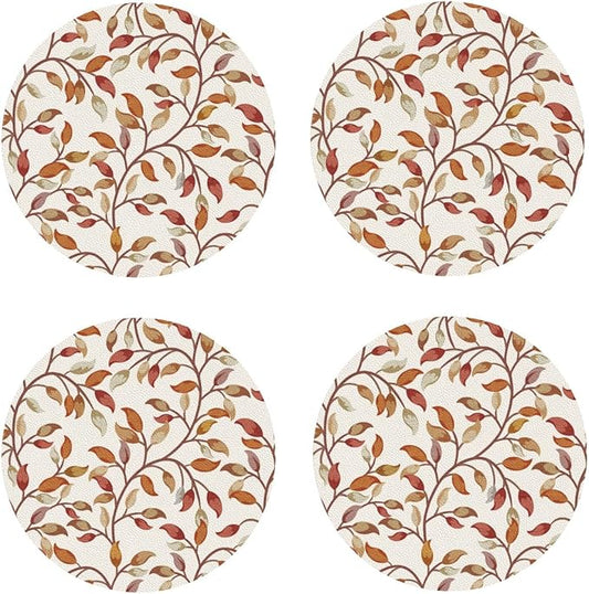 Fall Leaves Coaster Set of 4 Autumn Cup Coasters for Drinks Thanksgiving Harvest Waterproof Wipeable PVC Round Coasters Mat for Coffee Beer Wine Outdoor Patio Table Bar Desk Seasonal Desk Decor