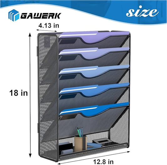 6 Tier Hanging File Organizer, Mesh Wall File Holder Paper Folder Rack with Bottom Flat Tray for Office Home, Black