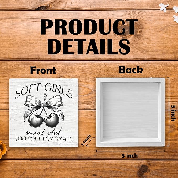 Coquette Cherry Bow Girl Wood Box Sign Desk Decor, Cute Trendy Pink Decor, Coquette Party Wooden Block Sign Decorations for Home College Dorm Apartment Girl Room Wall Tabletop Shelf Decor