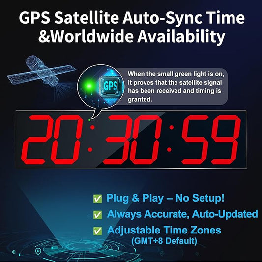 Large Digital Wall Clock 28" with GPS Auto-Sync, Remote Control & Timer, Wall-Mounted for Classroom, Office, Gym, Conference Room