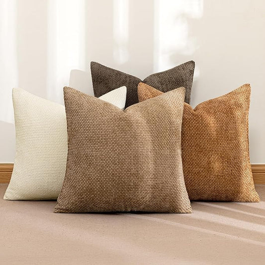 MIULEE Pack of 4 Brown Couch Throw Pillow Covers 18x18 Inch Soft Decorative Chenille Pillows Farmhouse Accent Cushions for Boho Home Decor Spring Sofa Bedroom Living Room
