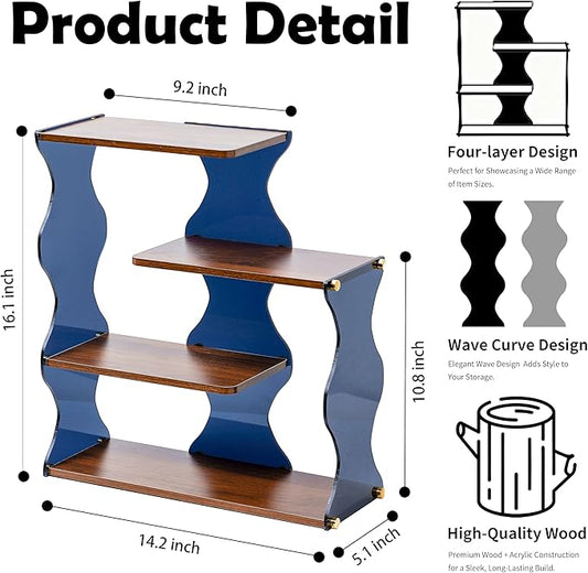Acrylic Wave Desktop Organizer, 4-Tier Wood Shelf Display Stand for Desk, Bathroom, Kitchen & Closet — Modern Storage Rack for Cosmetics, Office Supplies, Mugs, Plants, Spices and Small Decor