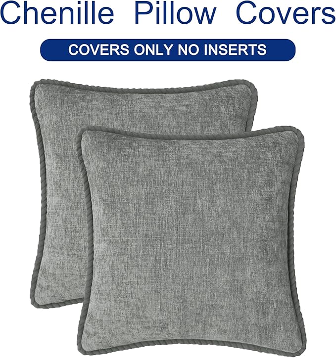 CaliTime Decorative Couch Throw Pillow Covers 20 X 20 Inches Pack of 2 Cozy Chenille Piping Edge Cushion Cases for Sofa Bed Living Room Home Medium Grey