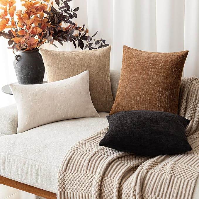 Foindtower Pack of 2 Textured Chenille Throw Decorative Pillow Covers Square Accent Solid Cushion Cover Neutral Farmhouse Pillow Case for Couch Sofa Bedroom Living Room 16x16 Inch,Taupe Khaki Camel