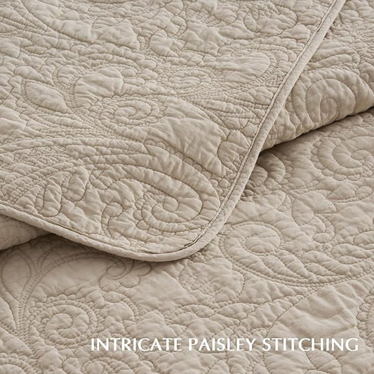 EVERGRACE 100% Cotton Paisley Quilt Set, Oversized King 3 Piece Set – Prewashed Lightweight Bedspread with 2 Shams, Soft & Breathable Matelasse Coverlet for All-Season Comfort, Flax Beige