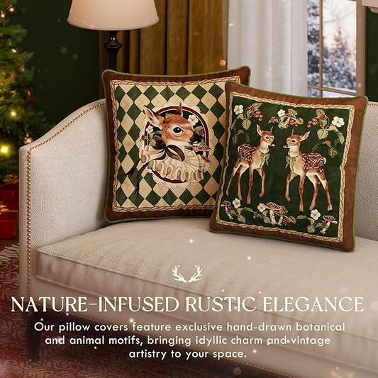 Grandmillennial Holly Deer Green Pillow Cover, Velvet Euro Sham Covers Decorative Throw Pillow Covers 18x18 for Couch Sofa Bed Living Room, Christmas & Holiday