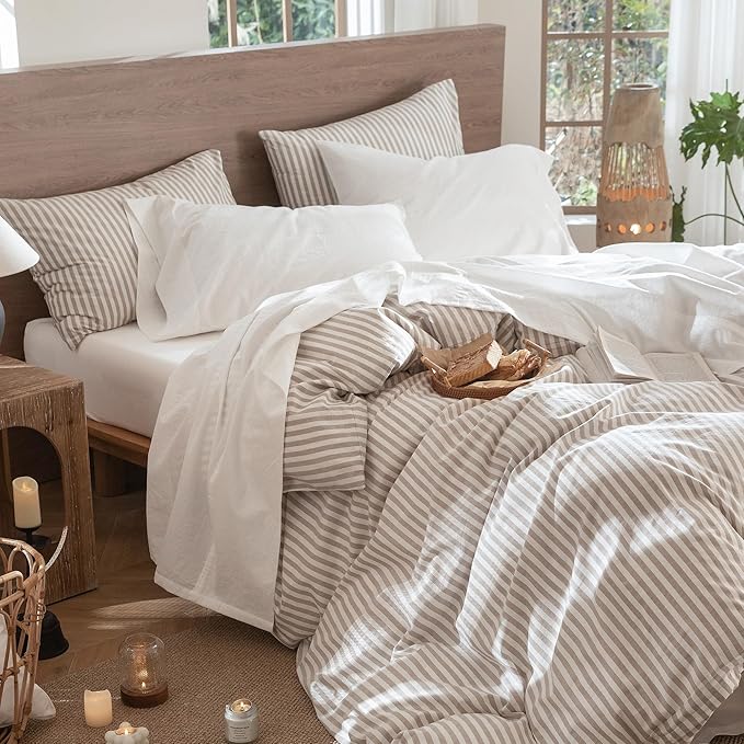 MooMee Bedding Sheet Set 100% Washed Cotton Linen Like Textured Breathable Durable Soft Comfy (Solid Off White, Twin XL)