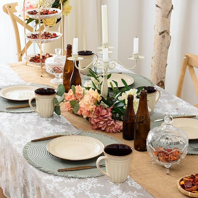 FunWheat Paper Round Braided Placemats Set of 8 for Dining Tables 15 Inch Heat Resistant Table Mats Farmhouse Woven Fabric Natural Place mats for Decoration with Tassel(Fog Green,8pcs)