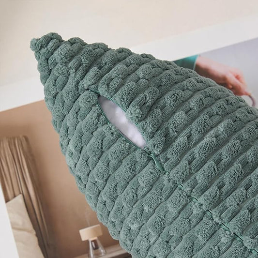 Kevin Textile Decorative Pillow Covers Set of 2 Striped Plush Corduroy Pillows Pillowcases Boho Home Decor Cushion Covers for Couch Sofa Bed Living Room 22x22 Inch, Teal Green