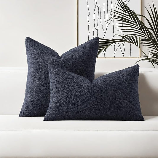HAUSSY Set of 2 22x22 Decorative Throw Pillow Covers, Soft Cozy Textured Boucle Couch Cases, Home Decor for Couch Bed Living Room, Navy Blue