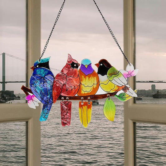 DASTOLL Stained Glass Window Hanging, Birds on A Branch Stain Glass Suncatcher, Hand-Painted Sun Catchers Indoor Window Decoration Bird Lover Gift for Mom, Grandma, Stocking Stuffers for Women