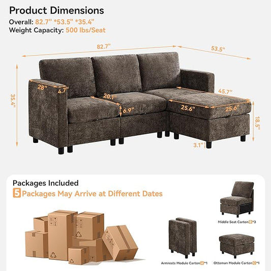 83'' Modular Sectional Sofa Convertible L Shaped Couch Set for Living Room, 4 Seat Storage Modular Sofa with Movable Ottoman, Chenille Brown