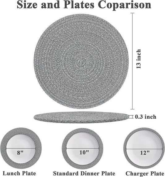 Round Placemats Set of 6, Cotton Rope Woven Table Mats, Hot Pads for Kitchen, Non Slip Heat Resistant Place Mats, 13 Inches Braided Placemat for Farmhouse Decor and Kitchen Table Decor (Gray)