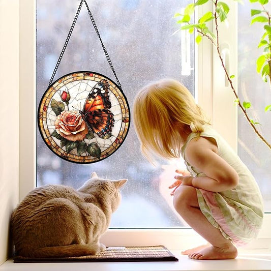 DASTOLL Stained Glass Window Hanging, Butterfly Picking Flowers Suncatcher for Doors Home Sun Catchers Decoration and Christmas, Mother's Day Birthday Gifts for Women, Men, and Mom 11.8x11.8 in