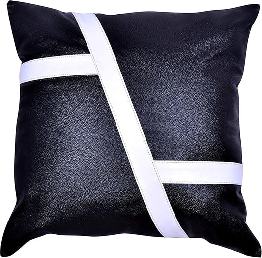 Lambskin Leather Pillow Cover - Sofa Cushion Case - Decorative Throw Covers for Living Room & Bedroom, 16x16 Inches - White & Black Pack of 2