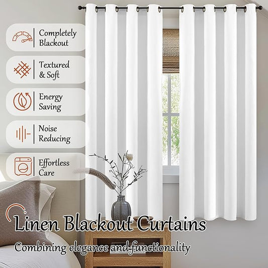 Blackout Curtains for Bedroom 63 Inch Length 2 Panels Set, Thermal Insulated 100% Black Out Privacy Soundproof Grommet Farmhouse Linen Window Curtains for Living Room Darkening, White, Each 52”Wide