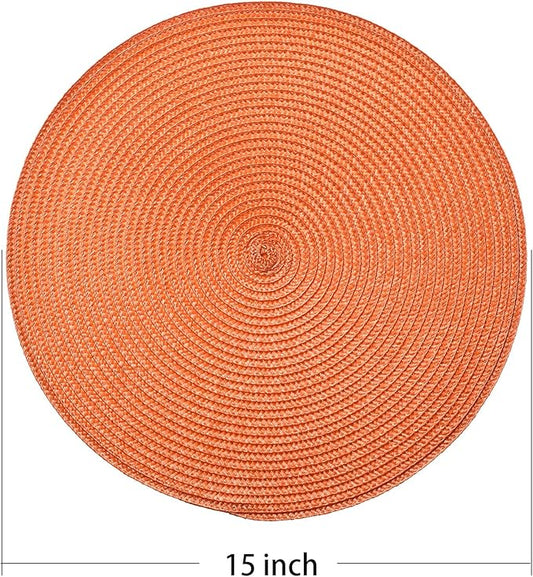 AHHFSMEI Round Braided Placemats 15 Inch Round Table Mats for Dining Tables Natural Woven Heat Resistant Place mats Set of 6 (Orange)