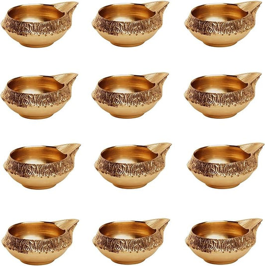 AVADOR Handmade Brass Indian Puja Oil Lamp, Golden Diya Lamp Engraved Design Diya for Diwali Pooja 2.5 Inch (12)