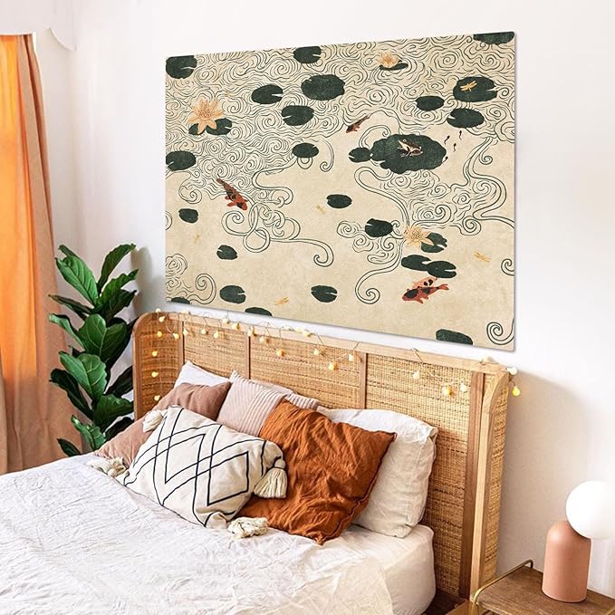 Lifeella Japanese Tapestry, Koi Pond Tapestry, Abstract Lotus Lily Wall Hanging, Zen Nature Aesthetic Art Wall Decor for Bedroom Living Room Dorm, Beige 36x48 inches