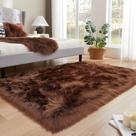 EasyJoy Ultra Soft Fluffy Shaggy Area Rug Faux Fur Rug Chair Cover Seat Pad Fuzzy Area Rug for Bedroom Floor Sofa Living Room (4 x 6 ft Rectangle, Coffee)